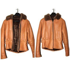 Genuine SHEARLING Leather Aviator Winter Jacket USA Size M Lapels & Hoodie Zip